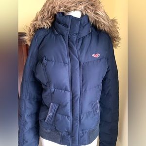 Hollister Navy Blue Winter Down Puffer Jacket Zipper Closure Fur Hood Y2K US S